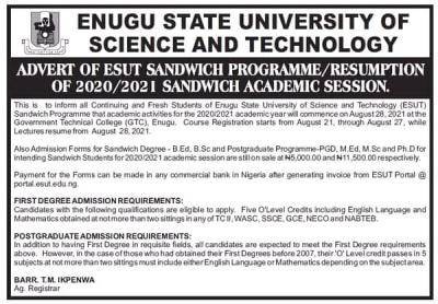 ESUT notice to sandwich students on resumption, 2020/2021