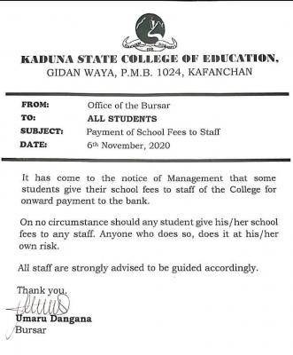 Kaduna State College of Education notice to students on payment of fees