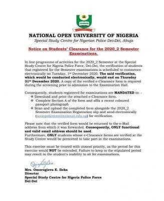 NOUN notice on Students' Clearance for the 2020_2 Semester Exam