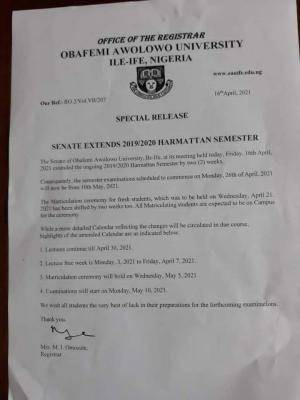 OAU Senate extends 2019/2020 harmattan semester