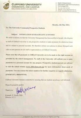 Clifford University notice to propsective students on fraudsters