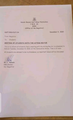 KENPOLY notice to students regarding meeting with the Acting Rector of the institution