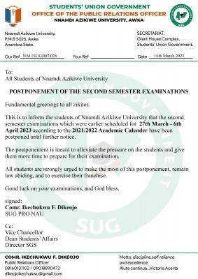 UNIZIK postpones 2nd semester exam, 2021/2022