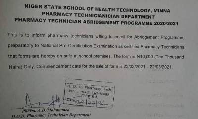 Niger State School of health Technology Pharmacy Technician abridgement form ,2020/2021