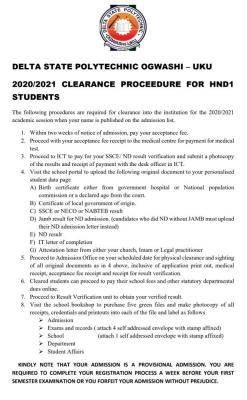 Delta Poly Ogwashiuku clearance procedure for newly admitted HND students, 2020/2021