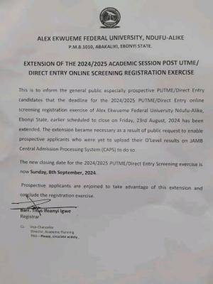 FUNAI extends online Post UTME/DE registration exercise, 2024/2025