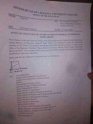 ATBU notice to awardees of Federal Government Scholarship on collection of award letter