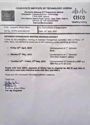 OGITECH notice on 1st semester break & resumption date for 2nd semester