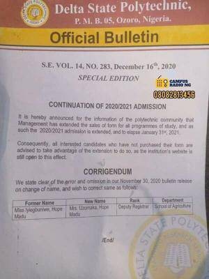 Delta State Polytechnic, Ozoro notice on extension of sales of admission form for 2020/2021 session