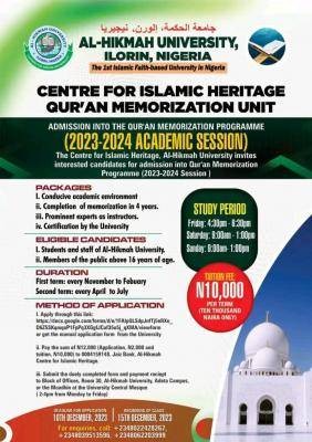 Al-Hikmah University admission into Quran memorization programmme, 2023/2024