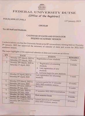 FUDutse academic calendar, 2022/2023