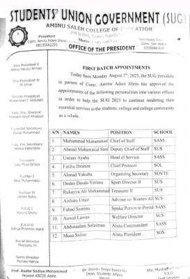 Aminu Saleh COE SUG notice on appointment of new officials