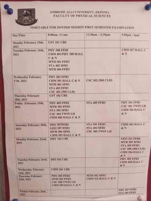 AAU 1st semester exam timetable for 2019/2020 session