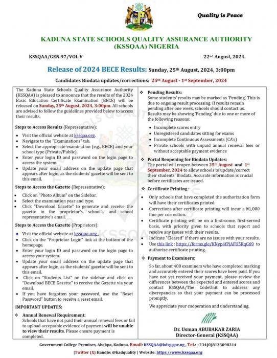 Kaduna State Schools Quality Assurance Authority notice on release of 2024 BECE results