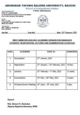 ATBU postgraduate academic calendar for 2020/2021 session