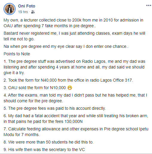 Nigeria Man Calls Out Lecturer That Gave Him Fake Admission in 2010