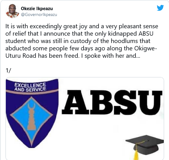 Abducted ABSU student regains freedom