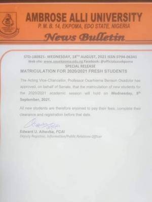 AAU, Ekpoma announces matriculation ceremony, 2020/2021