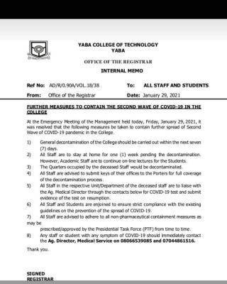 YABATECH notice on further measures to contain COVID-19 second wave