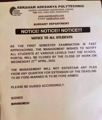 Abraham Adesanya Polytechnic notice on closure of portal