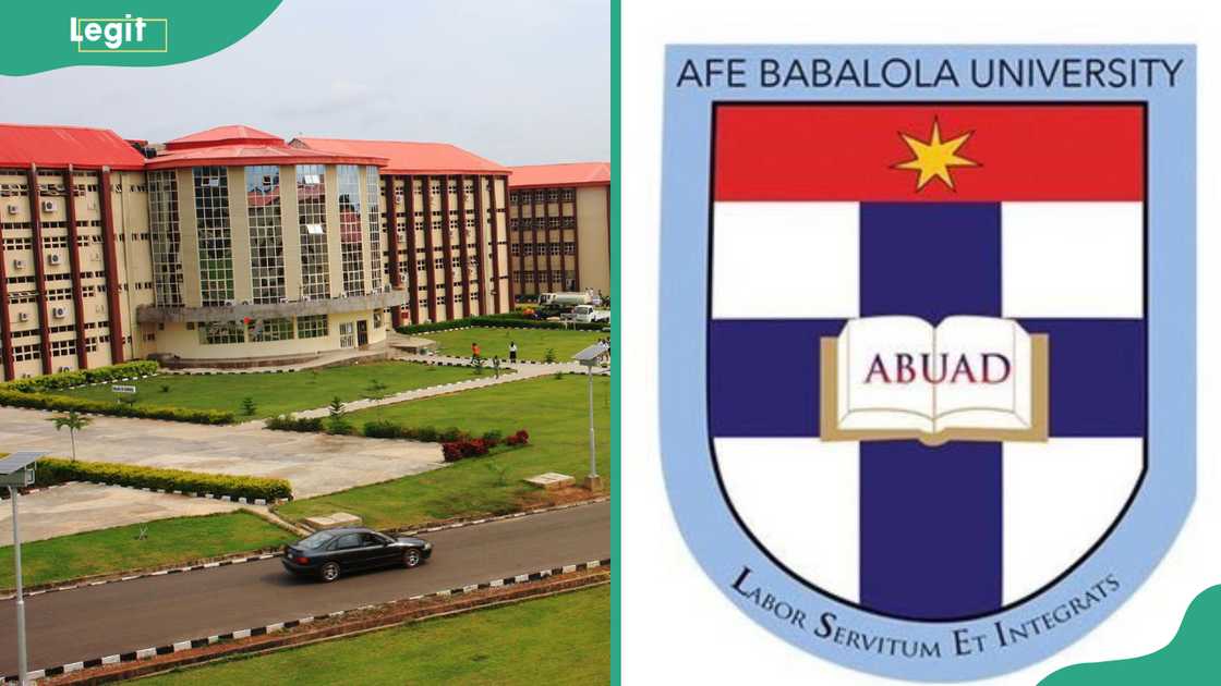 Afe Babalola University learning facility (L). The ABUAD logo (R)