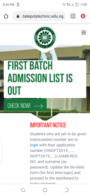 Kwara State Polytechnic 1st Batch admission list (ND/HND), 2020/2021 out