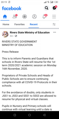 Rivers State notice on 1st term 2020/2021 resumption