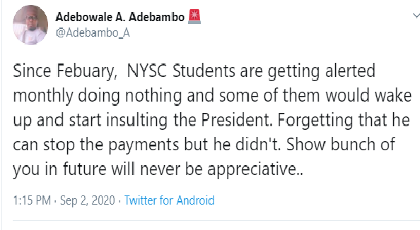 Twitter User Scolds NYSC Members Getting 'Free Allowance' and still Criticizing the FG