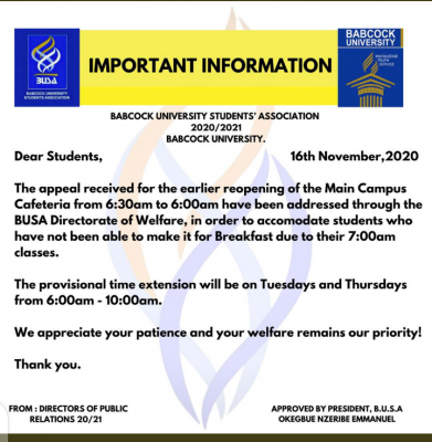 Babcock University Students' Association notice to students