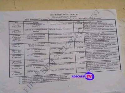 UNIMAID GST 1st semester Continuous Assessment timetable, 2022/2023 session