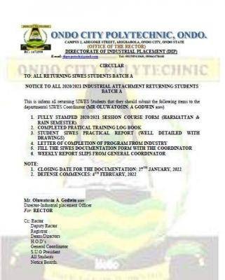 Ondo City Poly notice to students returning from industrial attachment (Batch A), 2020/2021