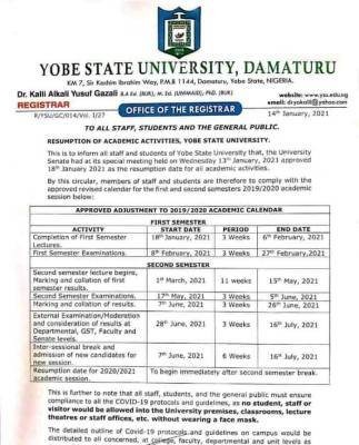 Yobe State University resumption notice