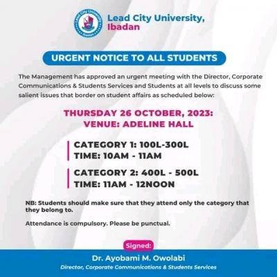Lead City University urgent notice to all students