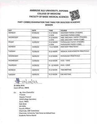 Ambrose Alli University MBBS exam time table, 2019/2020