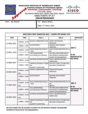 OGITECH 1st semester Computer Based Test timetable, 2022/2023