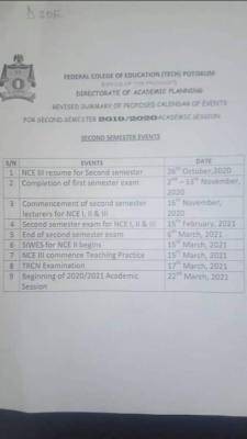 FCE potiskum second semester 2019/2020 academic calendar