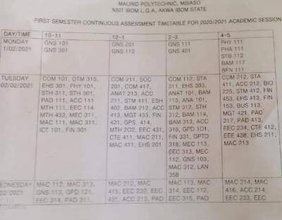 Maurid Polytechnic 1st semester continuous assessment timetable, 2020/2021