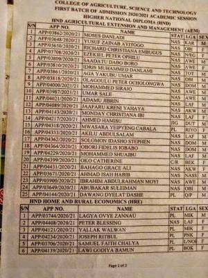 College of Agriculture, Science and Technology admission list, 2020/2021