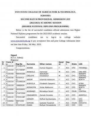 OYSCATECH 2nd batch HND Admission List, 2022/2023