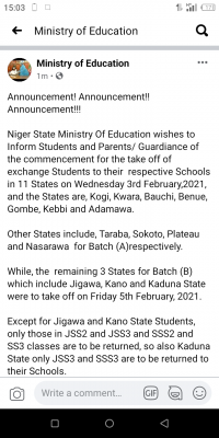 Niger State Ministry of Education Notice to Students and Parents/Guardians