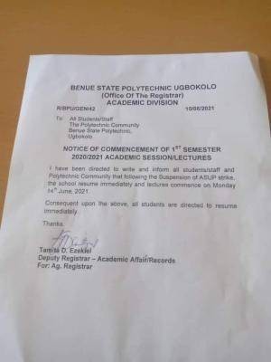 BENPOLY announces resumption for 1st semester, 2020/2021