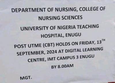 UNTH College of Nursing Sciences notice Post-UTME CBT screening