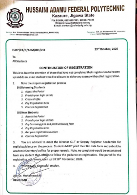 Hussaini Adamu Federal Polytechnic notice on Continuation of registration