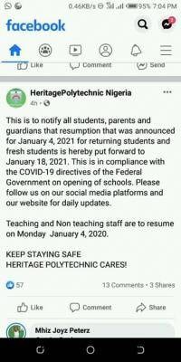 Heritage Polytechnic notice on resumption