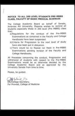 AAU notice to 200 level students Pre-MBBS class