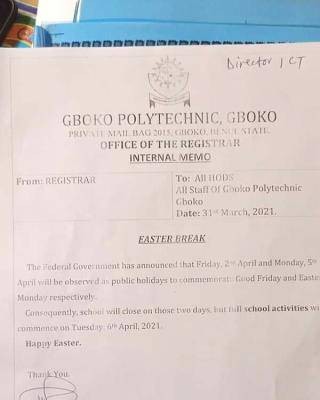 Gboko Polytechnic notice on Easter break