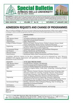 ABU Zaria announces admission requests & change of programmes, 2024/2025