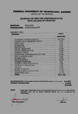 FUTO schedule of fees for newly admitted MBBS students