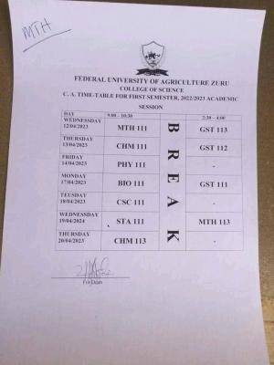 FUAZ 1st semester continuous assessment timetable, 2022/2023