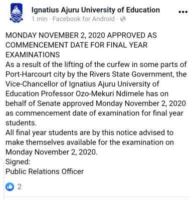 IAUE announces commencement of earlier suspended final year exams